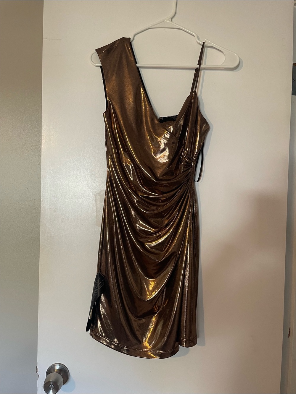 NWT BCBGMAXAZRIA Rose Gold Metallic Ruched Mini Dress XXS